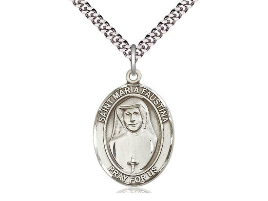 St Maria Faustina Sterling Silver Pendant on a 24 inch Light Rhodium Heavy Curb Chain.