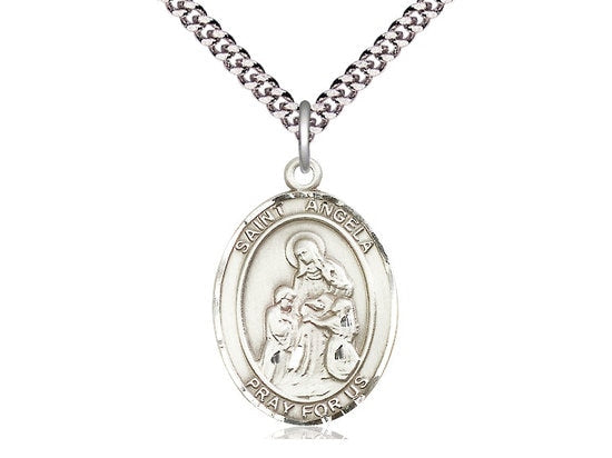 St Angela Merici Sterling Silver Pendant on a 24 inch Light Rhodium Heavy Curb Chain.