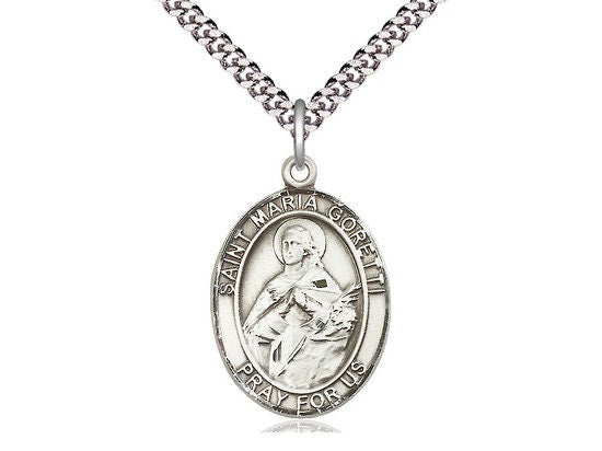 St Maria Goretti Sterling Silver Pendant on a 24 inch Light Rhodium Heavy Curb Chain.