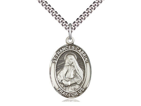 St Frances Cabrini Sterling Silver Pendant on a 24 inch Light Rhodium Heavy Curb Chain.