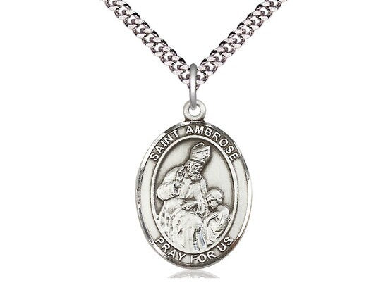 St Ambrose Sterling Silver Pendant on a 24 inch Light Rhodium Heavy Curb Chain.