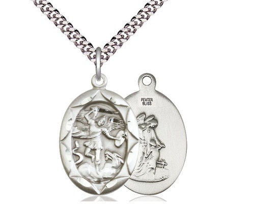 St. Michael the Archangel Sterling Silver Pendant on a 24 inch Light Rhodium Heavy Curb Chain.