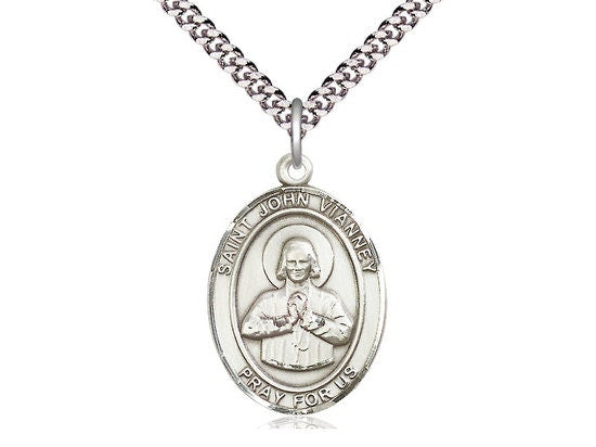 St John Vianney Sterling Silver Pendant on a 24 inch Light Rhodium Heavy Curb Chain.