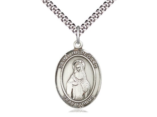 St Hildegard Von Bingen Sterling Silver Pendant on a 24 inch Light Rhodium Heavy Curb Chain.