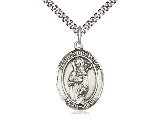 St Scholastica Sterling Silver Pendant on a 24 inch Light Rhodium Heavy Curb Chain.