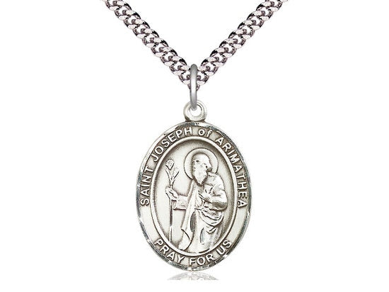 St Joseph of Arimathea Sterling Silver Pendant on a 24 inch Light Rhodium Heavy Curb Chain.