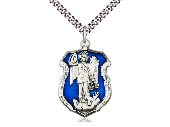 St. Michael the Archangel Shield Sterling Silver Pendant on a 24 inch Light Rhodium Heavy Curb Chain.