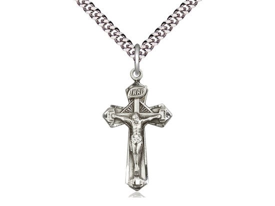 Sterling Silver Crucifix Pendant on a 24 inch Light Rhodium Heavy Curb Chain.