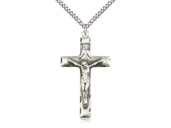 Sterling Silver Crucifix Pendant on a 24 inch Sterling Silver Heavy Curb Chain.