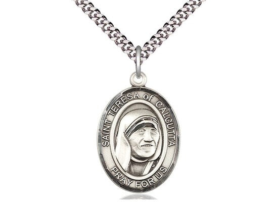 Saint Teresa of Calcutta Sterling Silver Pendant on a 24 inch Light Rhodium Heavy Curb Chain.