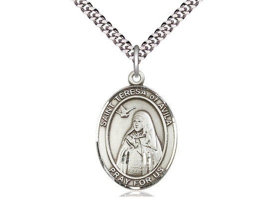 St Teresa of Avila Sterling Silver Pendant on a 24 inch Light Rhodium Heavy Curb Chain.