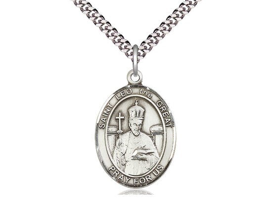 St Leo the Great Sterling Silver Pendant on a 24 inch Light Rhodium Heavy Curb Chain.
