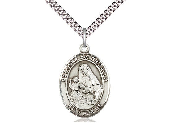 St Madonna Del Ghisallo Sterling Silver on a 24 inch Light Rhodium Heavy Curb Chain.