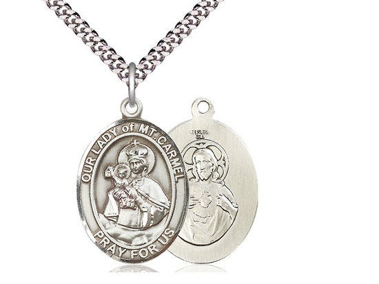 Our Lady of Mount Carmel Sterling Silver Pendant on a 24 inch Light Rhodium Heavy Curb Chain.