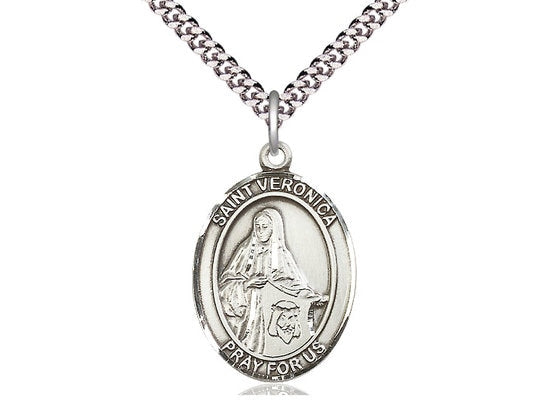 St Veronica Sterling Silver Pendant on a 24 inch Light Rhodium Heavy Curb Chain.
