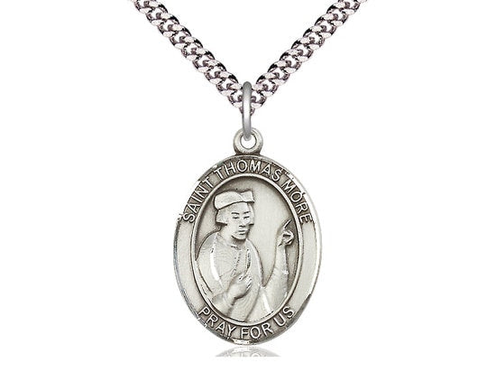 St Thomas More Sterling Silver Pendant on a 24 inch Light Rhodium Heavy Curb Chain.