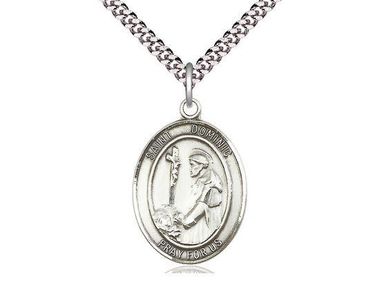 St Dominic de Guzman Sterling Silver Pendant on a 24 inch Light Rhodium Heavy Curb Chain.