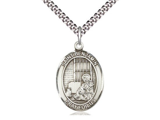 St Benjamin Sterling Silver Pendant on a 24 inch Light Rhodium Heavy Curb Chain.
