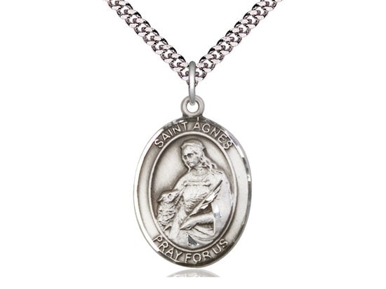 St Agnes of Rome Sterling Silver Pendant on a 24 inch Light Rhodium Heavy Curb Chain.