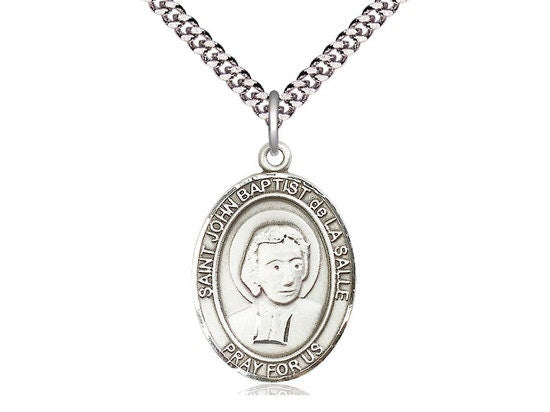 St John Baptist de la Salle Sterling Silver Pendant on a 24 inch Light Rhodium Heavy Curb Chain.