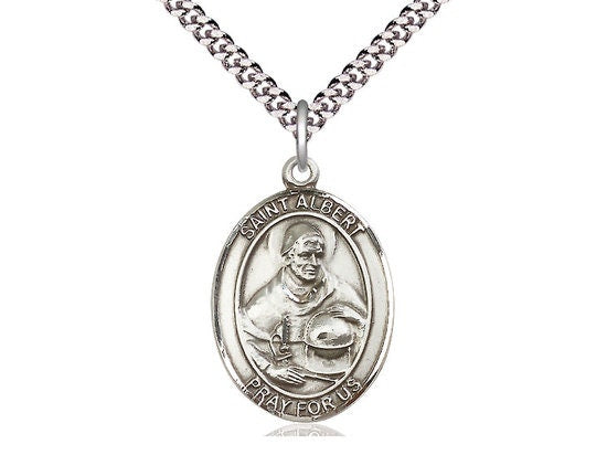St Albert the Great Sterling Silver Pendant on a 24 inch Light Rhodium Heavy Curb Chain.