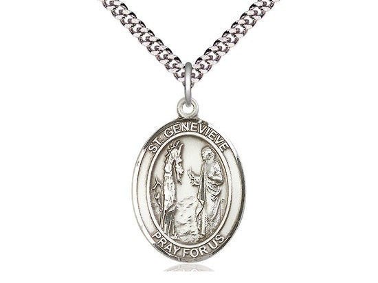 St Genevieve Sterling Silver Pendant on a 24 inch Light Rhodium Heavy Curb Chain.