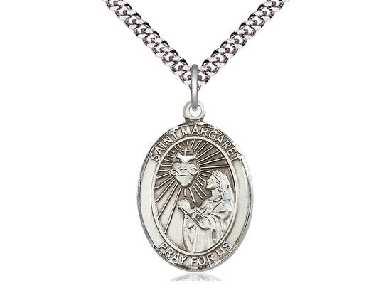 St Margaret Mary Alacoque Sterling Silver Pendant on a 24 inch Light Rhodium Heavy Curb Chain.