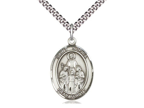 St Sophia Sterling Silver Pendant on a 24 inch Light Rhodium Heavy Curb Chain.