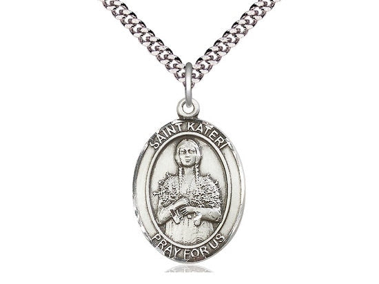 St Kateri Sterling Silver Pendant on a 24 inch Light Rhodium Heavy Curb Chain.