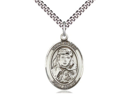St Sarah Sterling Silver Pendant on a 24 inch Light Rhodium Heavy Curb Chain.