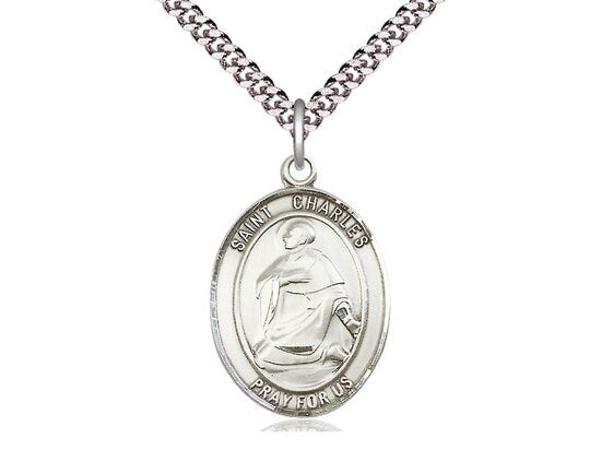 St Charles Borromeo Sterling Silver Pendant on a 24 inch Light Rhodium Heavy Curb Chain.