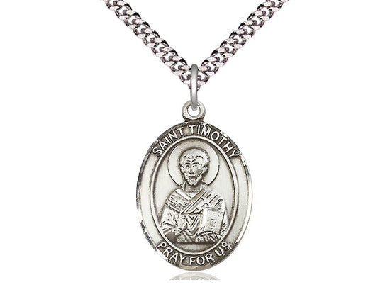 St Timothy Sterling Silver Pendant on a 24 inch Light Rhodium Heavy Curb Chain.