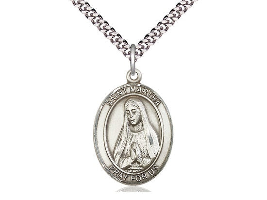 St Martha Sterling Silver Pendant on a 24 inch Light Rhodium Heavy Curb Chain.