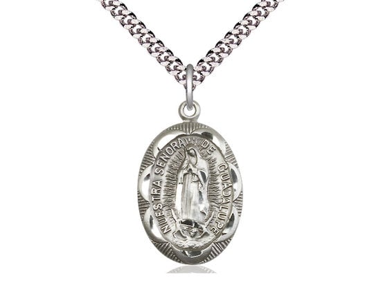 Our Lady of Guadalupe Sterling Silver Pendant on a 24 inch Light Rhodium Heavy Curb Chain.