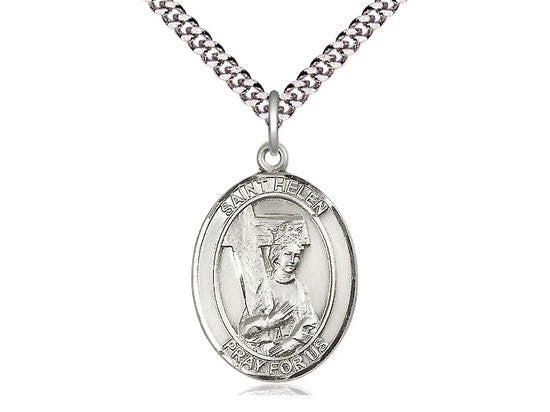 St Helen Sterling Silver Pendant on a 24 inch Light Rhodium Heavy Curb Chain.