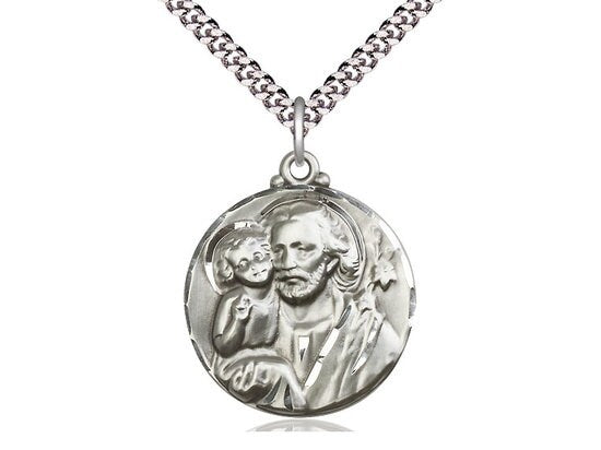St Joseph Sterling Silver Pendant on a 24 inch Light Rhodium Heavy Curb Chain.