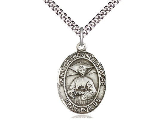 St Catherine Laboure Sterling Silver Pendant on a 24 inch Light Rhodium Heavy Curb Chain.