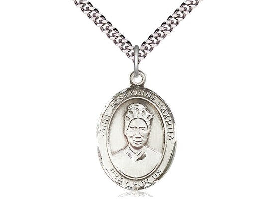 St Josephine Bakhita Sterling Silver Pendant on a 24 inch Light Rhodium Heavy Curb Chain.
