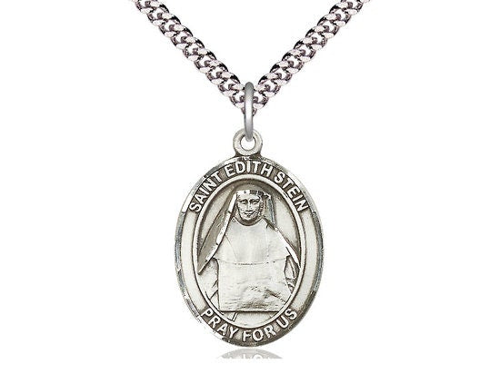 St Edith Stein Sterling Silver Pendant on a 24 inch Light Rhodium Heavy Curb Chain.