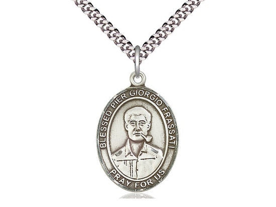 Blessed Pier Giorgio Frassati Sterling Silver Pendant on a 24 inch Light Rhodium Heavy Curb Chain.