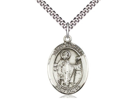 St Richard Sterling Silver Pendant on a 24 inch Light Rhodium Heavy Curb Chain.