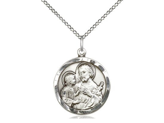 St Joseph Sterling Silver Pendant on a 18 inch Light Curb Chain.