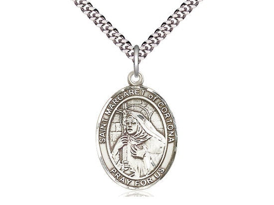 St Margaret of Cortona Sterling Silver Pendant on a 24 inch Light Rhodium Heavy Curb Chain.