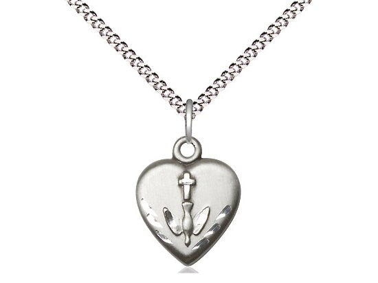 Sterling Silver Heart / Confirmation Pendant on a 18 inch Light Rhodium Light Curb Chain.