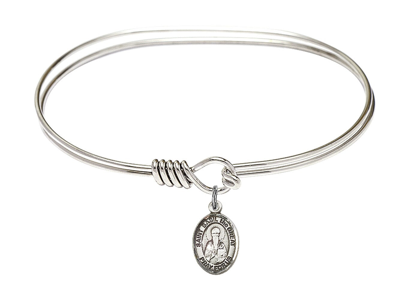 Saint Basil the Great Sterling Silver Charm on a 7 inch Oval Eye Hook Rhodium Bangle Bracelet