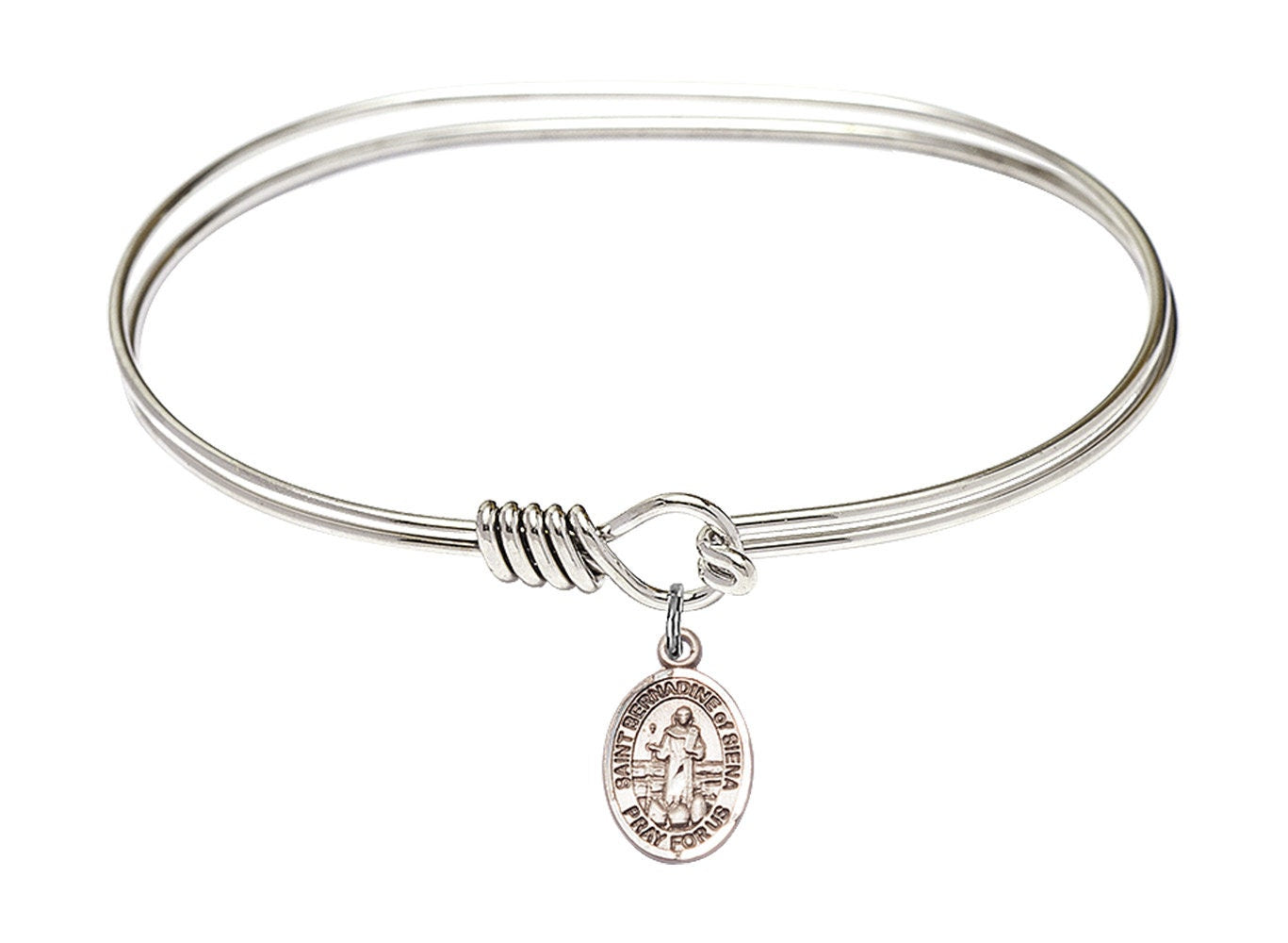 Saint Bernadine of Sienna Sterling Silver Charm on a 7 inch Oval Eye Hook Rhodium Bangle Bracelet