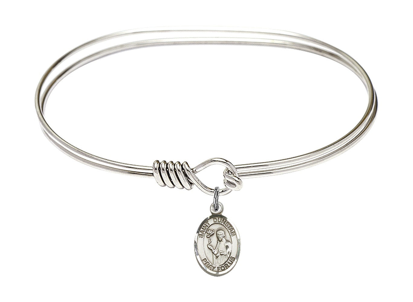 Saint Dunstan Sterling Silver Charm on a 7 inch Oval Eye Hook Rhodium Bangle Bracelet