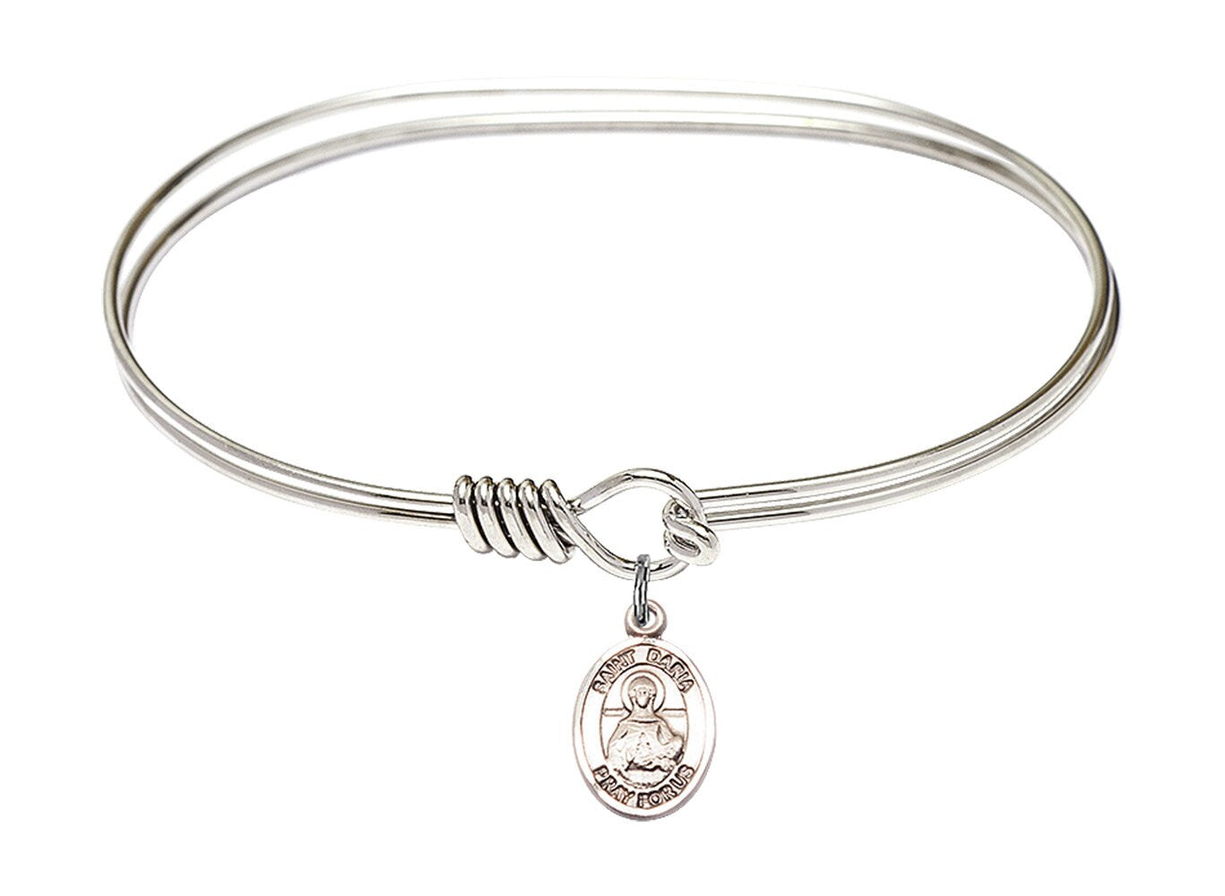 Saint Daria Sterling Silver Charm on a 7 inch Oval Eye Hook Rhodium Bangle Bracelet