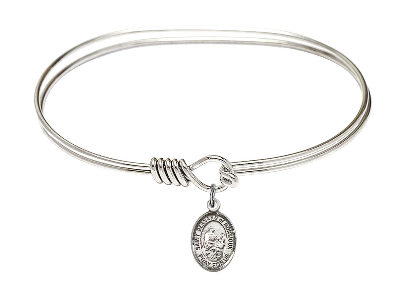 Saint Bernard of Montjoux Sterling Silver Charm on a 7 inch Oval Eye Hook Rhodium Bangle Bracelet