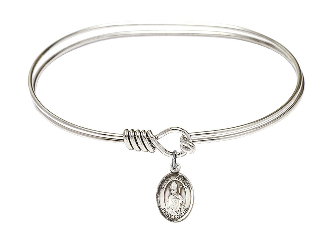 Saint Dennis Sterling Silver Charm on a 7 inch Oval Eye Hook Rhodium Bangle Bracelet